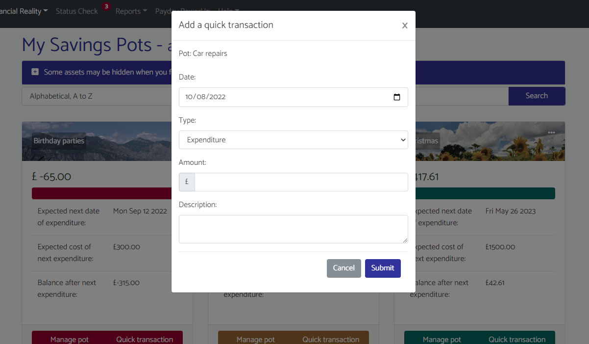 Screenshot showing a user tracking transactions in savings pots
